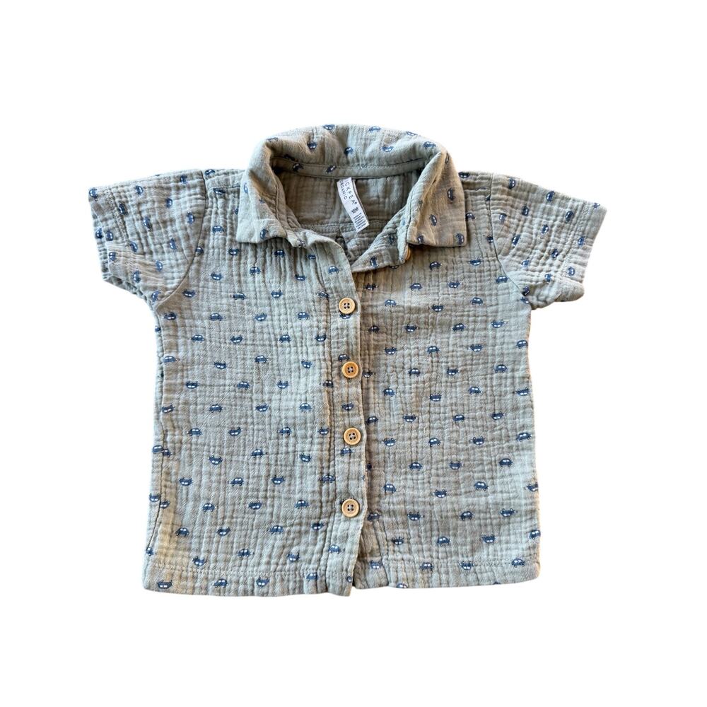 Chickpea Organic Muslin Button-Down Shirt Baby 18M Sage Car Print